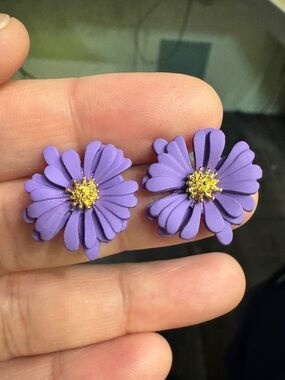 Purple Flower Stud Earrings with Gold Centers